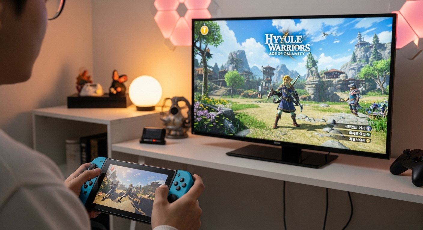 최적의 플레이 경험을 위한 팁 - 아늑한 게이밍 환경에서 프로 컨트롤러를 사용하여 닌텐도 스위치 독 모드로 젤다무쌍 봉인전기를 즐기는 플레이어의 모습