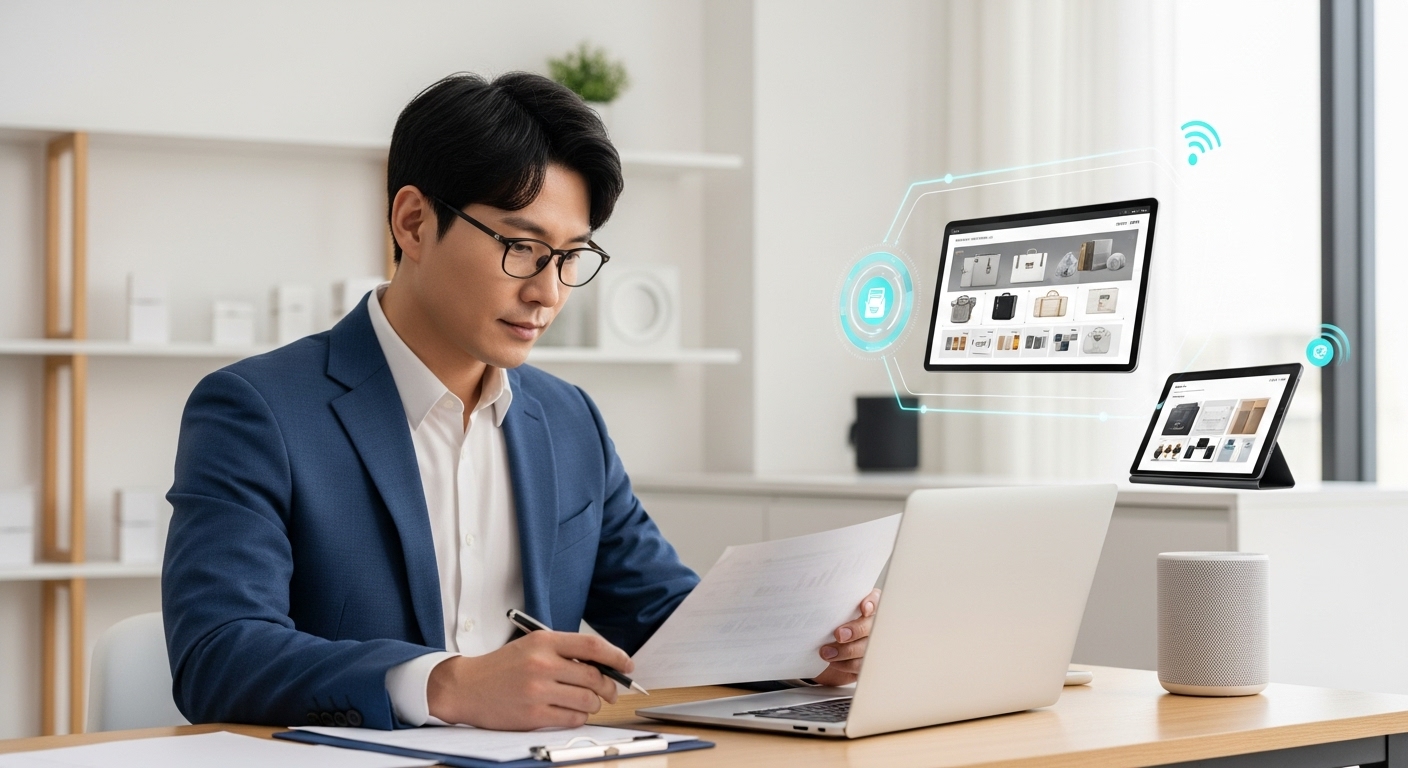 2차 공고의 주요 변경사항 및 확대된 기회 - 한국인 소상공인이 노트북으로 디지털 전환 사업 서류를 검토하며 결연한 표정을 짓고 있고, 배경에는 스마트 기기로 개선된 상점 내부가 보인다.