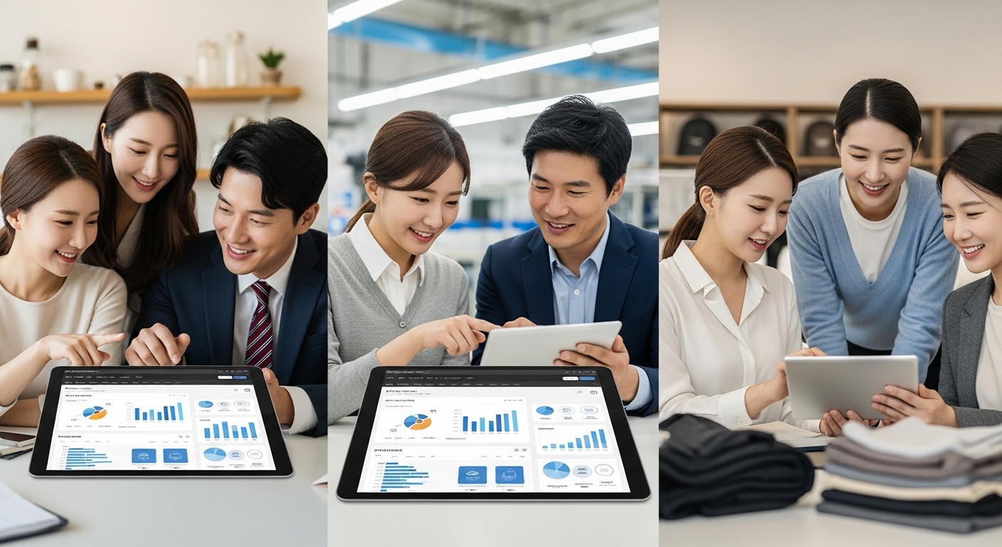 신청 자격 및 지원 분야 심층 분석 - 다양한 업종의 한국인 소상공인들이 카페, 소규모 공장, 소매점에서 태블릿에 표시된 디지털 솔루션과 사업 계획을 함께 보고 있다.