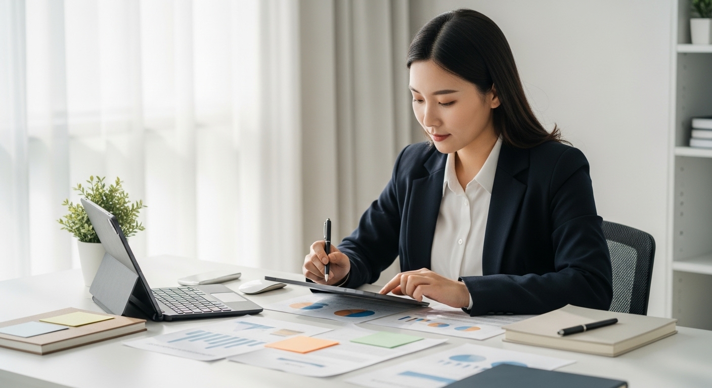 성공적인 신청을 위한 핵심 전략 및 준비물 - 한국인 소상공인이 깔끔한 책상에서 참고 자료와 태블릿을 활용하여 서류와 사업 계획서를 꼼꼼하게 준비하고 있다.