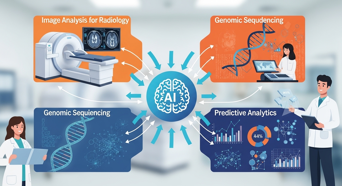 주요 AI 의료 진단 기술 및 상용화 사례 - 방사선 영상 분석, 유전체 시퀀싱, 예측 분석 등 다양한 AI 의료 진단 기술 유형이 중앙 AI 두뇌 아이콘으로 데이터를 보내는 활기찬 인포그래픽.