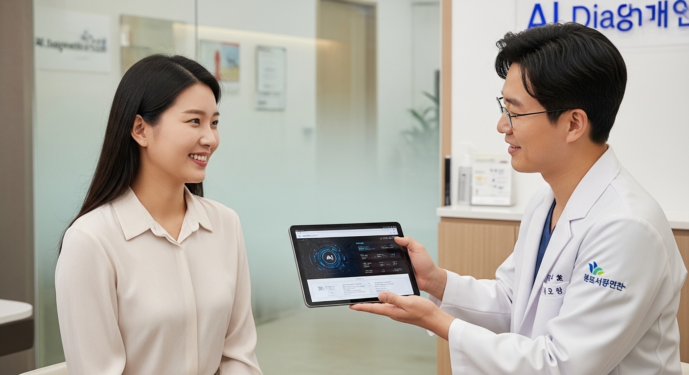 AI 기반 의료 진단 상용화의 기대 효과 및 파급력 - 한국인 의사가 태블릿으로 AI 진단 결과를 설명하고 환자가 미소 짓는, 개인 맞춤형이고 효율적인 미래 의료의 모습.