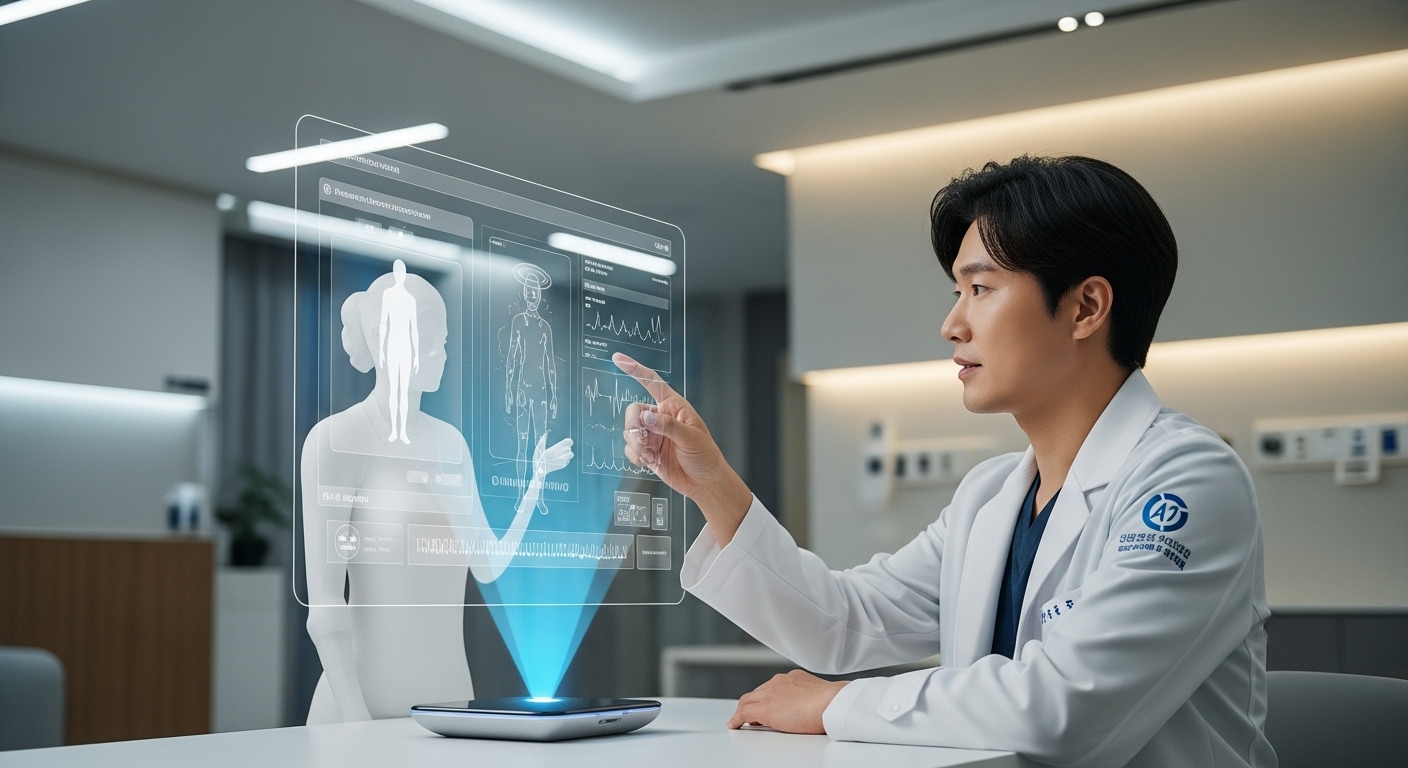 미래 의료 환경의 변화와 과제 - 한국인 의사와 AI 어시스턴트가 미래형 병원에서 투명 스크린으로 환자의 의료 데이터를 함께 검토하며 의료 분야의 변화하는 역할.