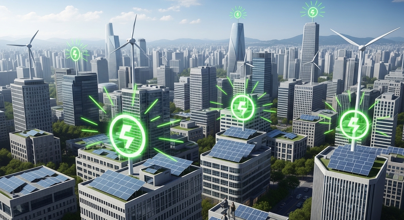 IRA (인플레이션 감축법) 이후 미국 재생에너지 투자의 폭발적 성장 - 태양광 패널과 풍력 터빈으로 가득 찬 미래 도시 풍경, 기술 발전과 대규모 투자를 상징하는 에너지 흐름