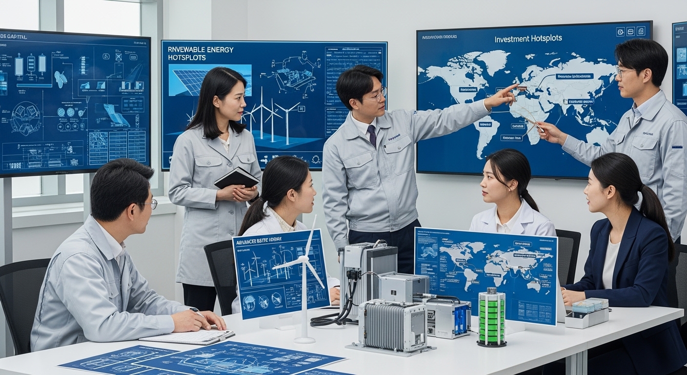 10조 달러 투자 시대, 민간 및 기술 혁신의 역할 - 태양광, 풍력, 배터리 기술 도표를 배경으로 협력하는 혁신가들과 투자자들