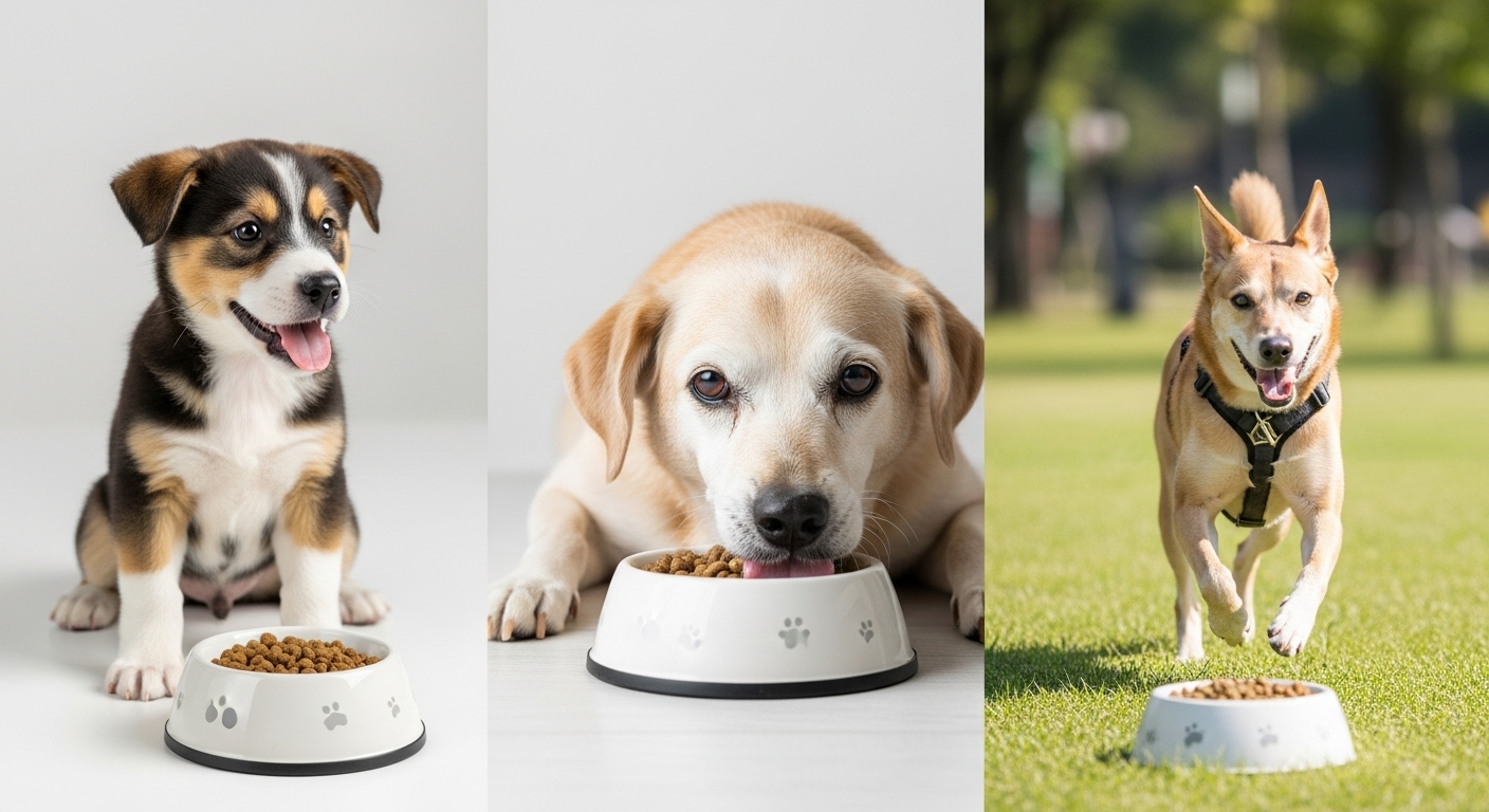 연령 및 건강 상태별 맞춤 비율 조절 - 강아지의 성장 단계와 건강 상태에 따라 사료 물 비율을 조절하는 다양한 모습