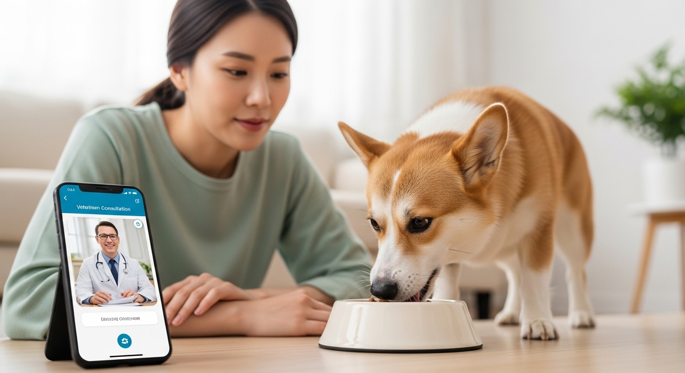 사료 물 비율 조절 시 주의사항 및 팁 - 강아지의 식사를 세심하게 관찰하며 수의사에게 조언을 구하는 한국인 반려인