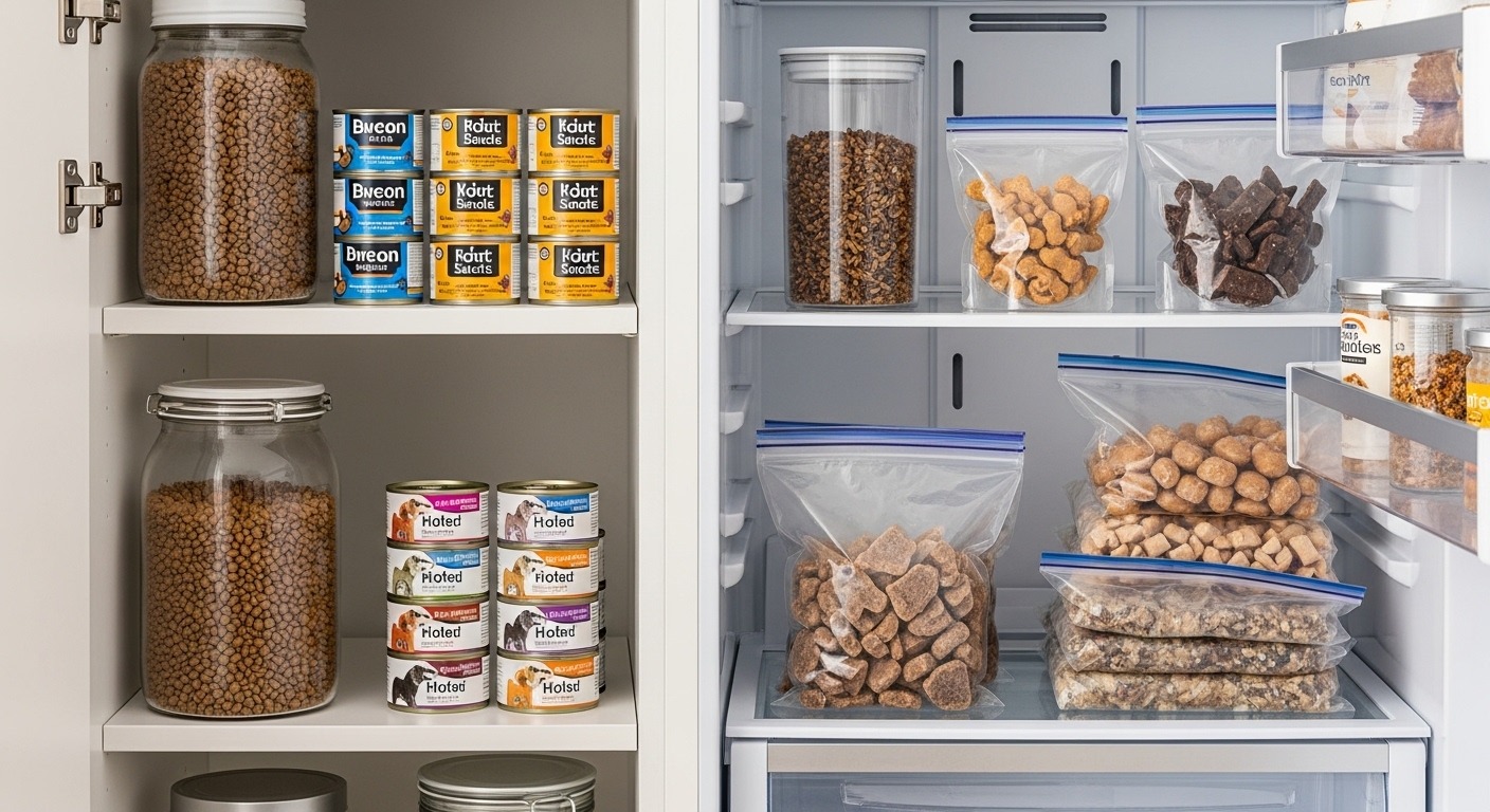 간식 종류별 최적 보관법: 건조, 습식, 수제 간식 - 건식, 습식, 수제 간식이 각각 밀폐용기, 냉장고, 냉동실에 종류별로 올바르게 보관된 모습