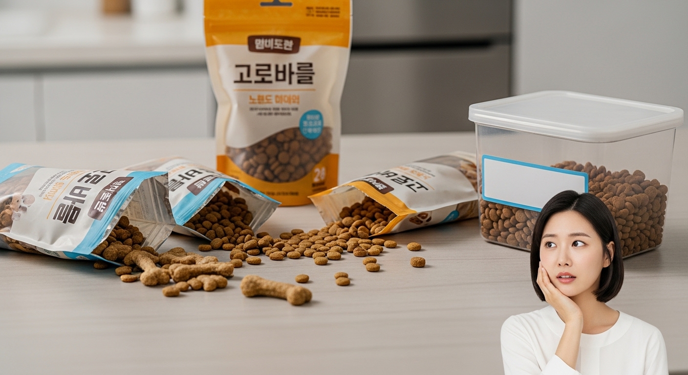 피해야 할 보관 실수와 예방법 - 개봉된 강아지 간식 봉투, 쏟아진 사료, 라벨 없는 용기 등이 어지럽게 놓여 있는 주방에서 한국인 주인이 걱정스러운 표정으로 보관 실수를 보여주는 모습