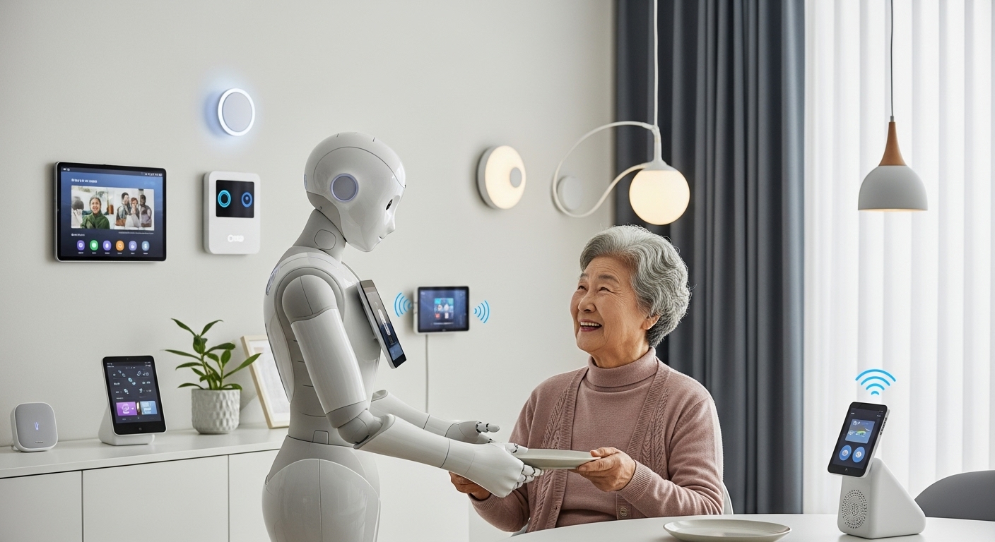AI와 로봇: 우리 삶을 혁신하는 동반자 - 깔끔하고 현대적인 스마트 홈 환경에서 매끄러운 휴머노이드 AI 로봇이 한국 노인과 자연스럽게 상호작용하며 보조 기술을 시연하는 모습