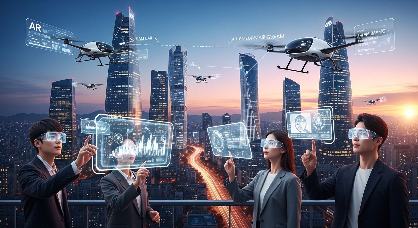 메타버스, XR, 그리고 UAM: 경계를 허무는 혁신 - 매끄럽고 조용한 도심 항공 모빌리티(UAM) 차량이 마천루 사이를 비행하는 활기찬 미래 도시 풍경. 전경에는 한국인들이 세련된 XR 안경을 착용하고 공중에 떠 있는 증강 현실 요소와 매끄럽게 상호작용하는 모습