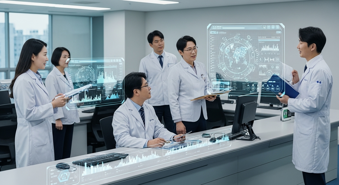 지속 가능한 미래를 위한 디지털 기술의 역할 - 현대적이고 지속 가능한 스마트 도시 관제 센터에서 다양한 한국 과학자 및 엔지니어 그룹이 협력하는 모습. 대형 홀로그램 디스플레이는 에너지 소비, 환경 품질, 교통 흐름에 대한 실시간 데이터를 보여주며, 디지털 기술이 지속 가능한 미래를 만드는 데 중요한 역할을 한다는 것을 강조