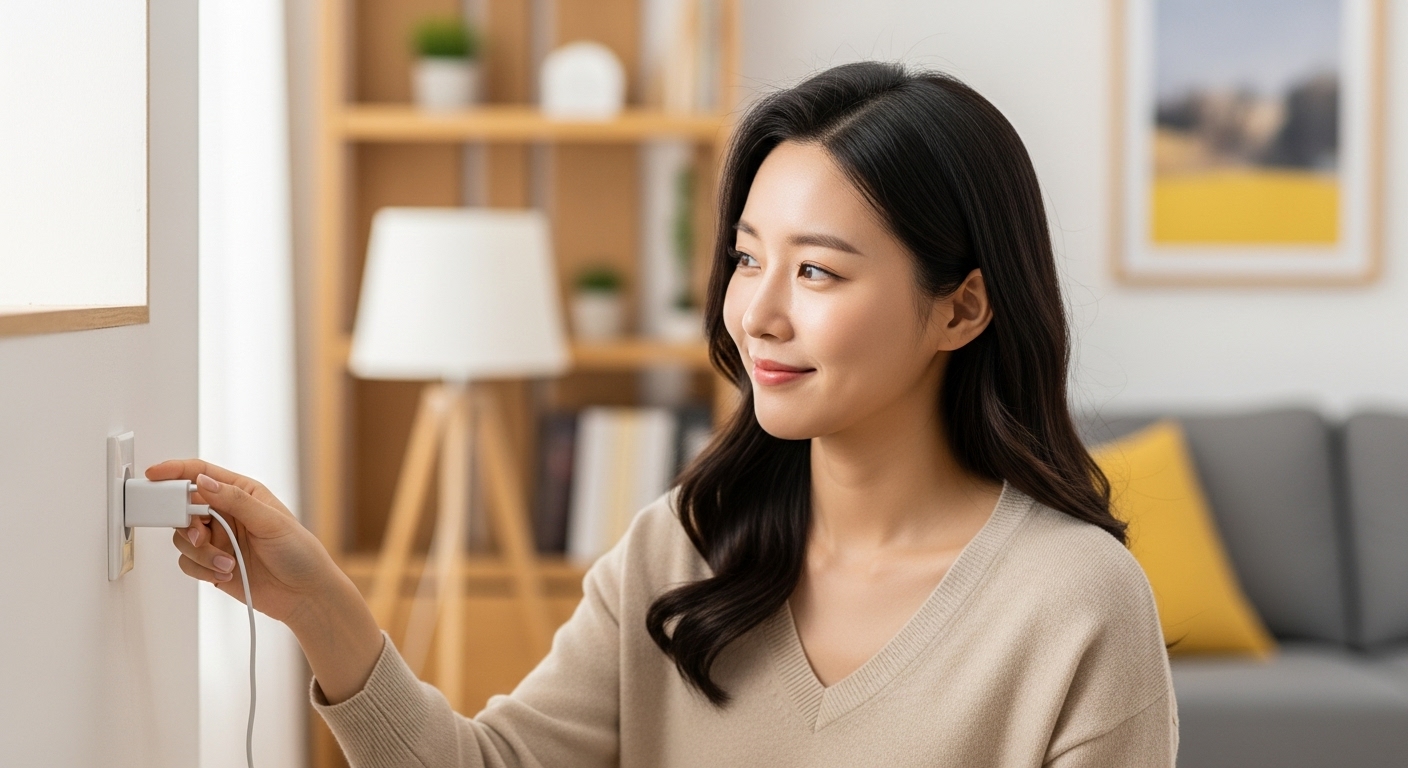 생활 습관 개선을 통한 공과금 절약 실천 - 따뜻한 집 안에서 충전기를 콘센트에서 빼는 한국인 여성의 모습. 그녀는 미소를 지으며 만족감을 표현하고 있다.