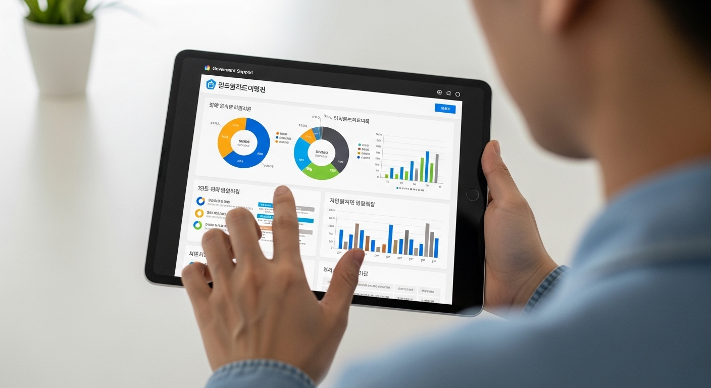 정부 지원 제도 및 에너지 절약 혜택 활용 - 태블릿으로 정부 지원 웹사이트를 보며 재정 혜택을 나타내는 파이 차트와 그래프들을 확인하는 한국인의 모습