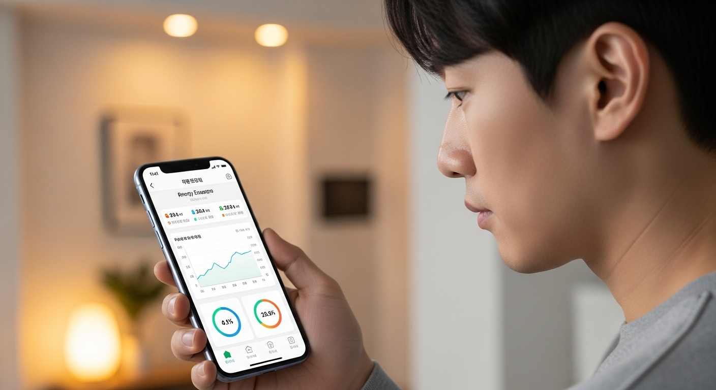 스마트 기술을 활용한 효율적인 공과금 관리 - 스마트폰 앱으로 실시간 가정 에너지 소비 데이터를 확인하는 한국인 남성. 앱에는 그래프와 숫자가 표시되어 있으며, 배경에는 자동화된 조명이 있는 스마트 홈 환경이 은은하게 보인다.