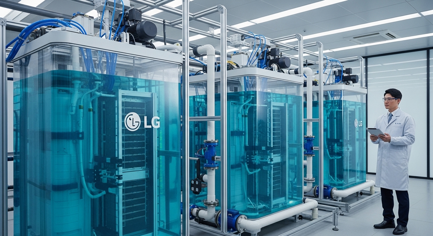 LG전자, 혁신적인 액체 냉각 솔루션 공개 - LG전자의 침지형 액체 냉각 솔루션에서 서버 랙이 투명한 냉각액에 담겨있는 모습과 이를 관찰하는 한국인 기술자