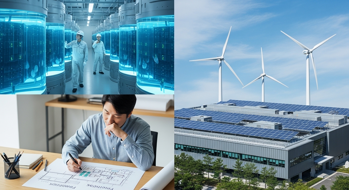 침지형 냉각, 지속 가능한 데이터센터의 미래를 열다 - 태양광 패널과 풍력 터빈이 보이는 친환경 데이터센터에서 한국인 건축가가 에너지 효율적인 데이터센터 설계를 하는 모습