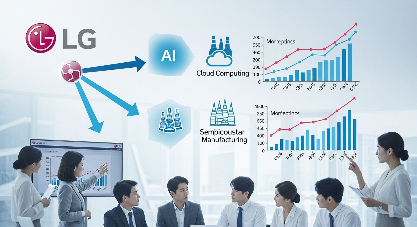 시장 전망 및 LG전자의 성장 동력 - LG전자가 데이터센터 냉각 시장으로 확장하며 AI, 클라우드, 반도체 산업으로 진출하는 시장 성장 인포그래픽과 전략을 논의하는 한국인 비즈니스 전문가들