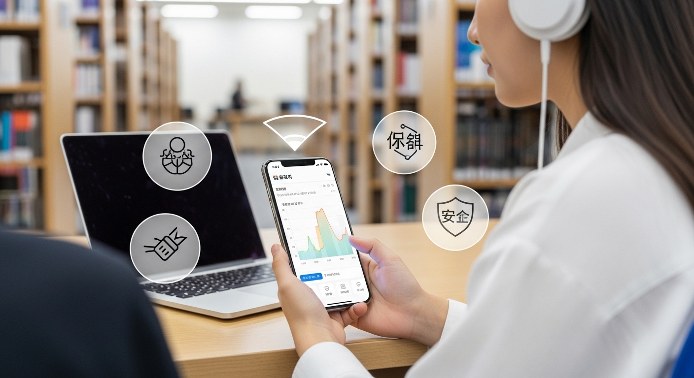 효율적인 모바일 핫스팟 테더링 사용 팁과 주의사항 - 도서관에서 핫스팟을 활용하는 한국인 대학생, 데이터 사용량과 보안 관련 아이콘이 강조됨