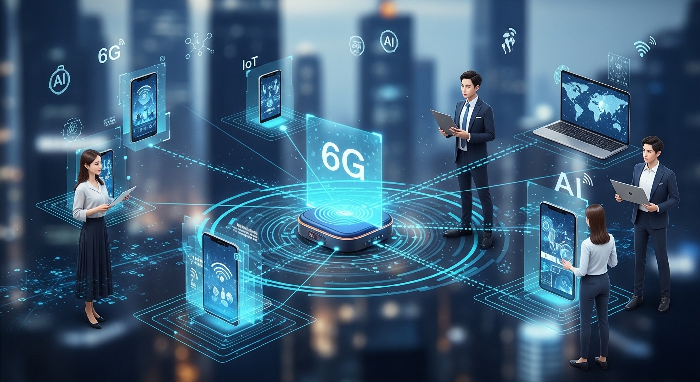 2025년, 모바일 핫스팟의 미래와 새로운 활용법 - 미래 도시에서 6G, AI, IoT 기술이 모바일 핫스팟을 통해 연결되는 모습