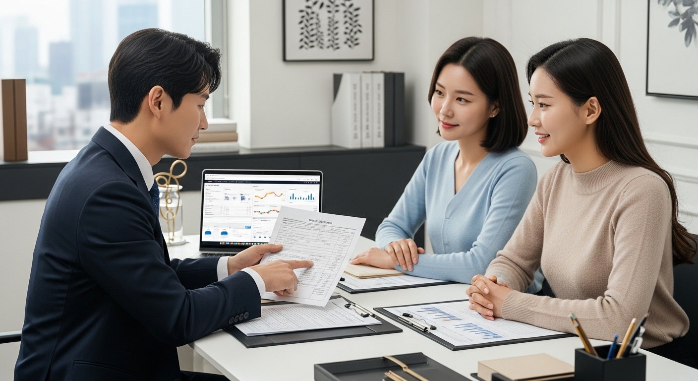 주식 증여세, 얼마나 내야 할까? (2025년 기준) - 한국인 금융 전문가가 젊은 부부에게 복잡한 세금 서류와 주식 증서를 설명하며 증여세 계산 과정을 보여주는 모습