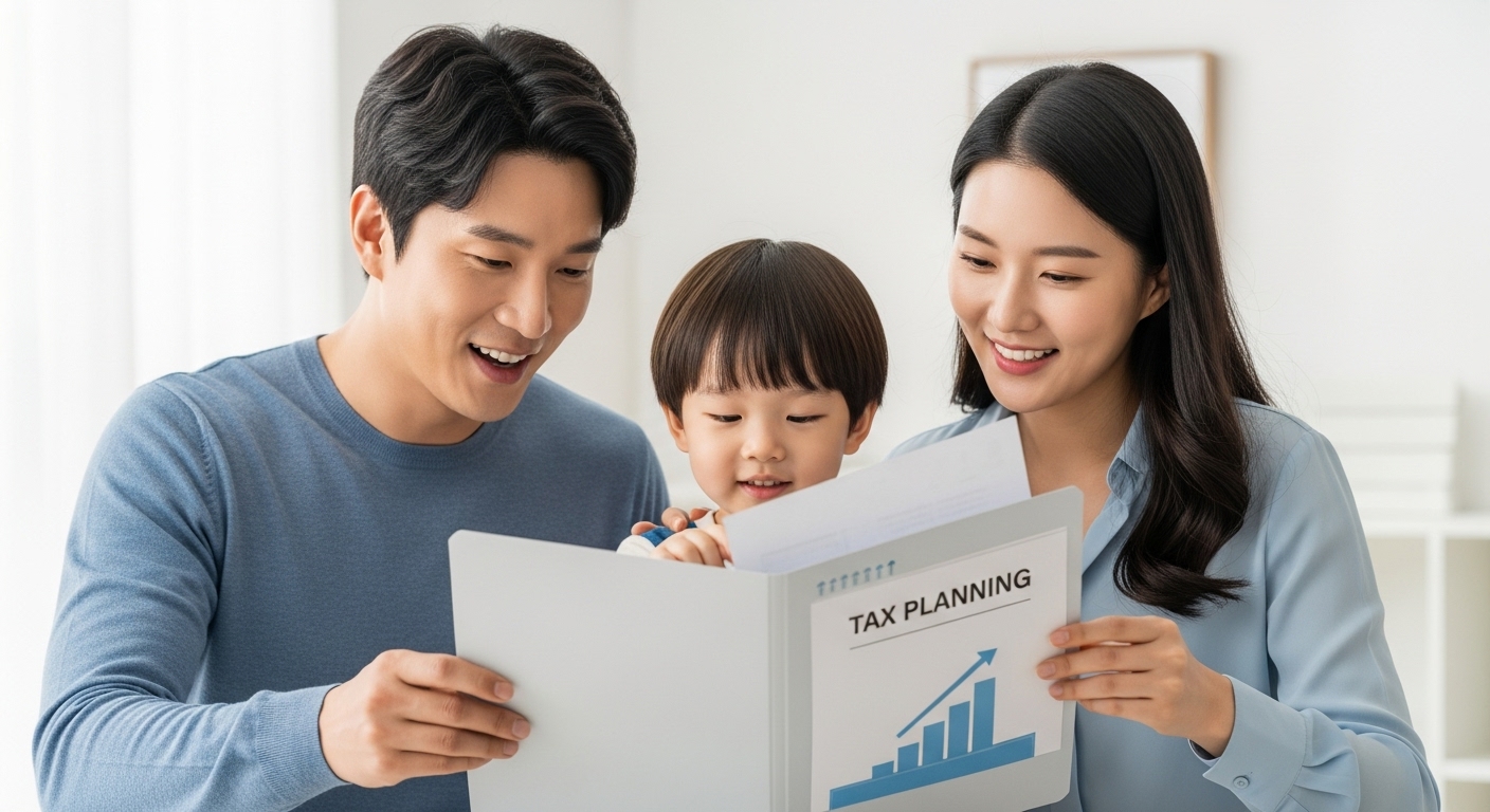 미성년자 주식 증여, 현명한 절세 전략 - 한국인 가족이 세금 계획 서류를 폴더에 넣으며 자녀의 미래를 위한 성공적인 장기 재무 계획과 절세를 상징하는 모습