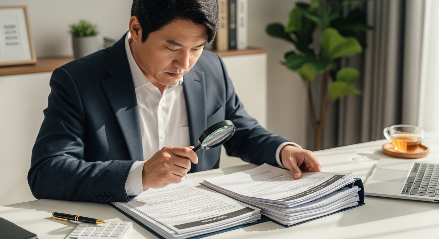 주식 증여 시 반드시 알아야 할 주의사항 - 한국인 부모가 돋보기를 들고 법률 문서와 금융 서류를 꼼꼼히 검토하며 주식 증여 계획의 중요성을 강조하는 모습