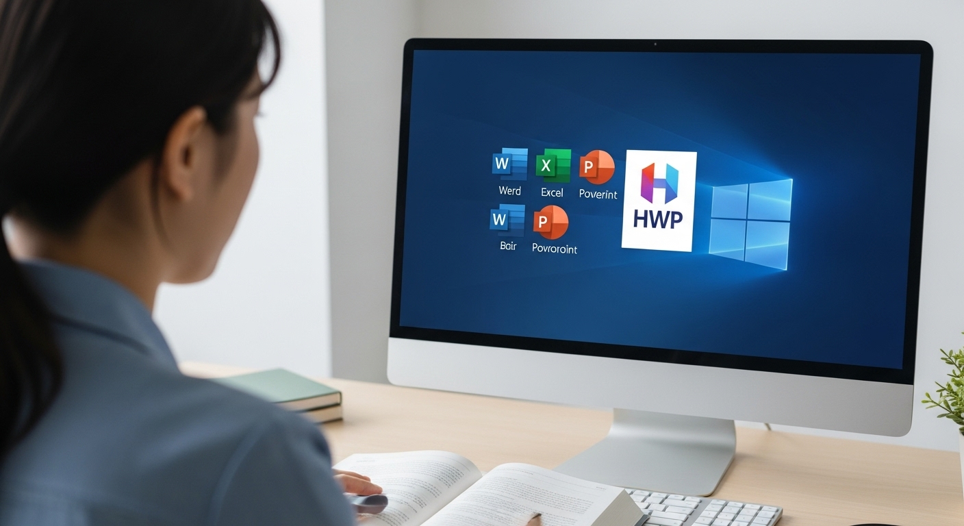 ITQ 과목 및 시험 프로그램 상세 분석 - 한국인 학습자가 컴퓨터 화면에 MS Office 및 한글 프로그램 아이콘이 보이는 앞에서 집중하여 공부하는 모습