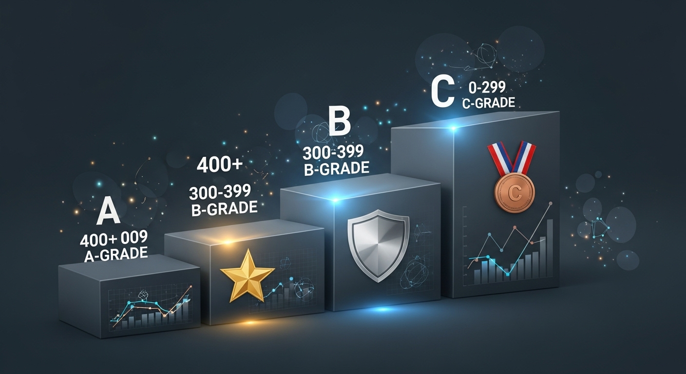 ITQ 등급 체계와 합격 기준 - A, B, C 등급별 점수와 합격 기준을 시각적으로 명확하게 보여주는 깔끔한 인포그래픽