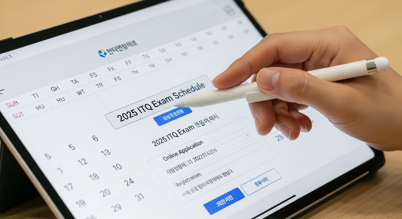 2025년 ITQ 시험 일정 및 접수 방법 - 한국인 손이 태블릿 화면에서 2025년 ITQ 시험 일정과 온라인 접수 양식을 확인하고 있는 클로즈업 이미지