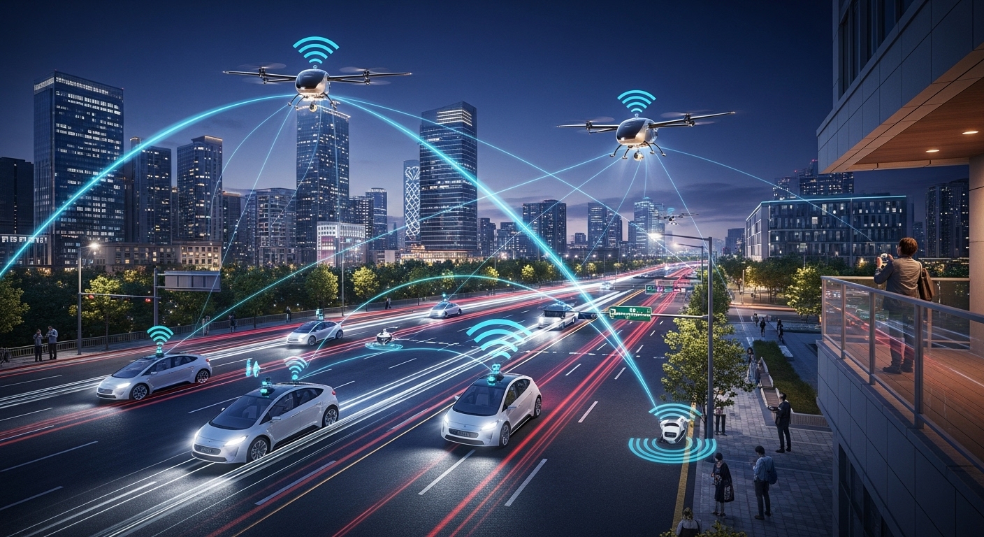 자율주행, 스마트시티, UAM에서의 마이크로파 레이더 응용 - 야간의 스마트시티에서 자율주행차와 UAM이 레이더 기술로 안전하게 운행되는 모습