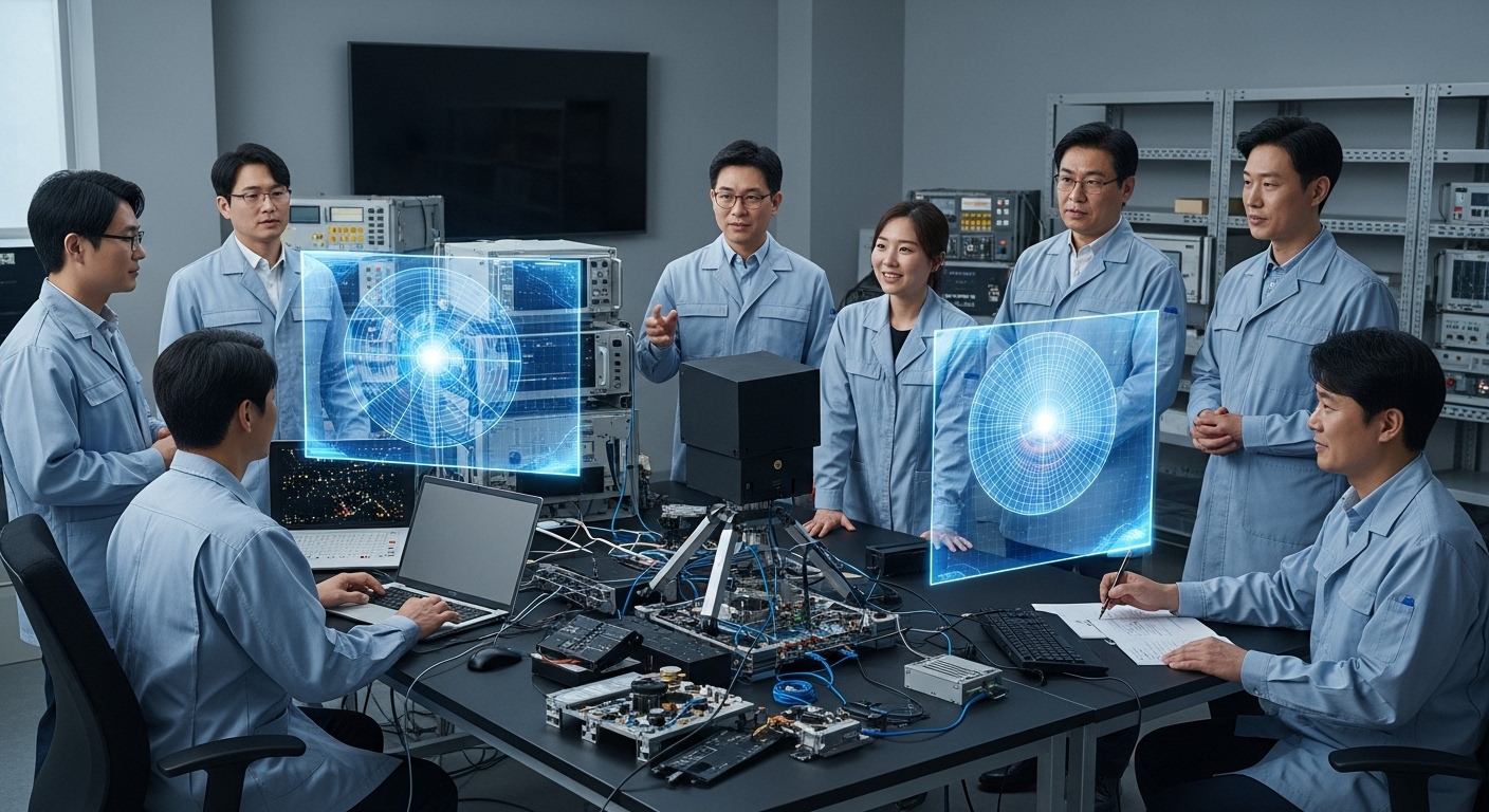 마이크로파 레이더 기술 발전과 산업 생태계 - 한국인 엔지니어들이 첨단 레이더 장비를 활용하여 기술 개발에 몰두하는 모습