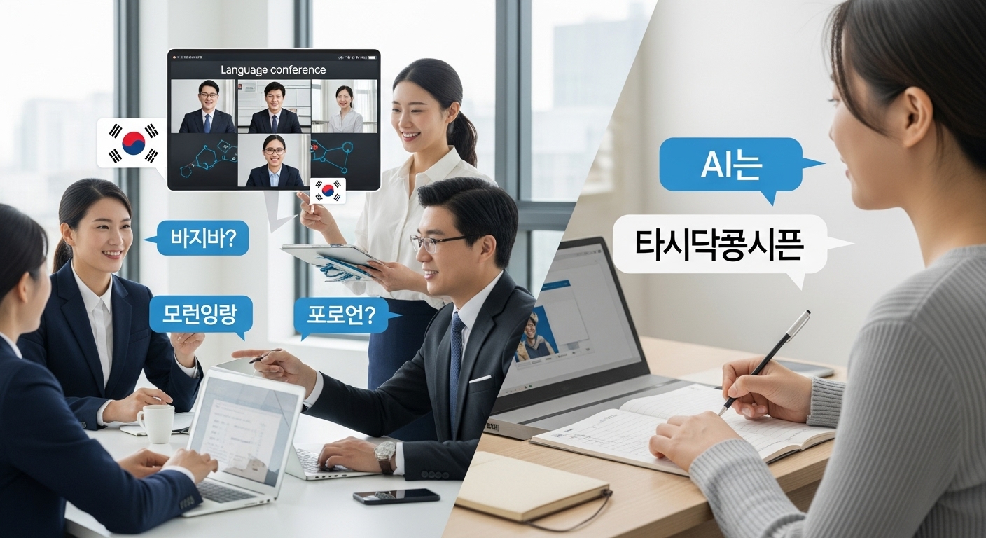 비즈니스 및 개인 사용자에게 미칠 영향 - 언어 AI를 통해 국제 협업하는 한국인 비즈니스 팀과 외국어를 학습하는 개인의 모습이 대비되는 분할 화면