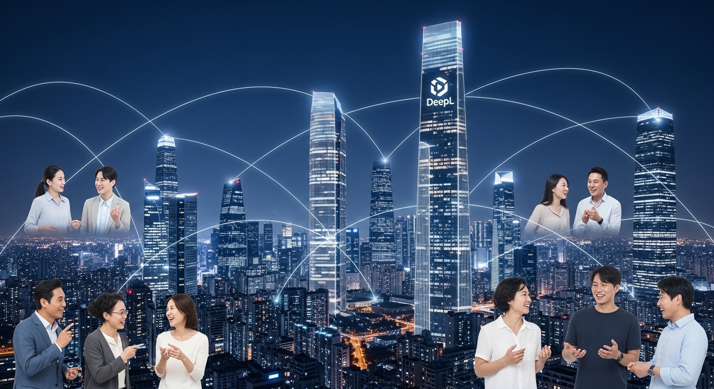 미래 전망: 언어의 장벽 없는 세상, 딥엘이 이끌다 - 언어의 장벽이 사라진 미래 도시에서 한국인 및 외국인들이 자연스럽게 소통하는 모습을 보여주는 글로벌 도시 스카이라인