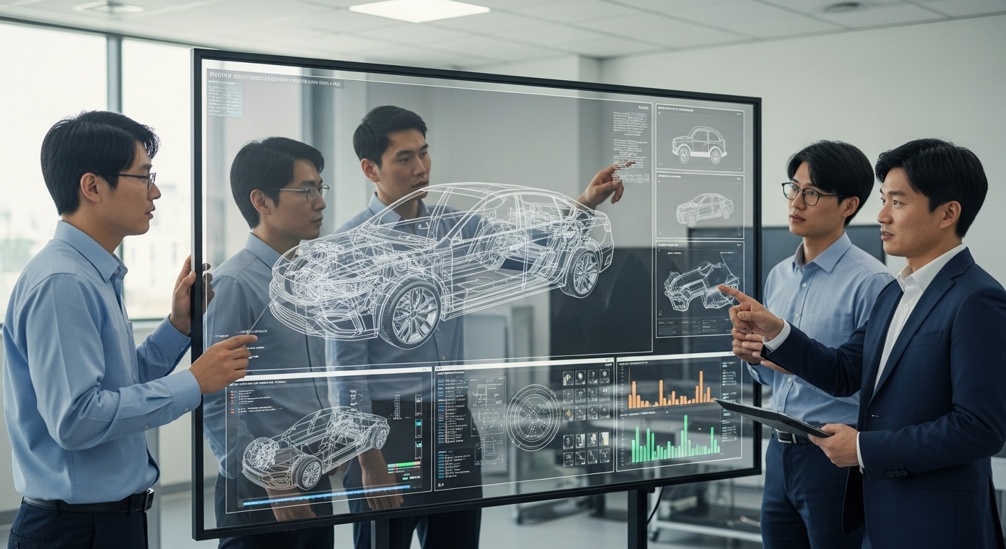 AI 기반 차체 설계 및 제조 혁신 - 한국인 엔지니어들이 3D 차체 모델과 생성형 AI 디자인 결과물을 검토하는 모습