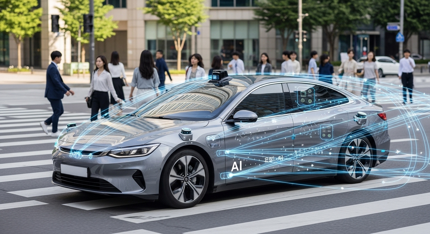 미래 모빌리티와 AI 기반 지능형 안전 시스템 - 한국 도심을 자율주행하는 전기차와 보행자들이 안전하게 길을 건너는 모습