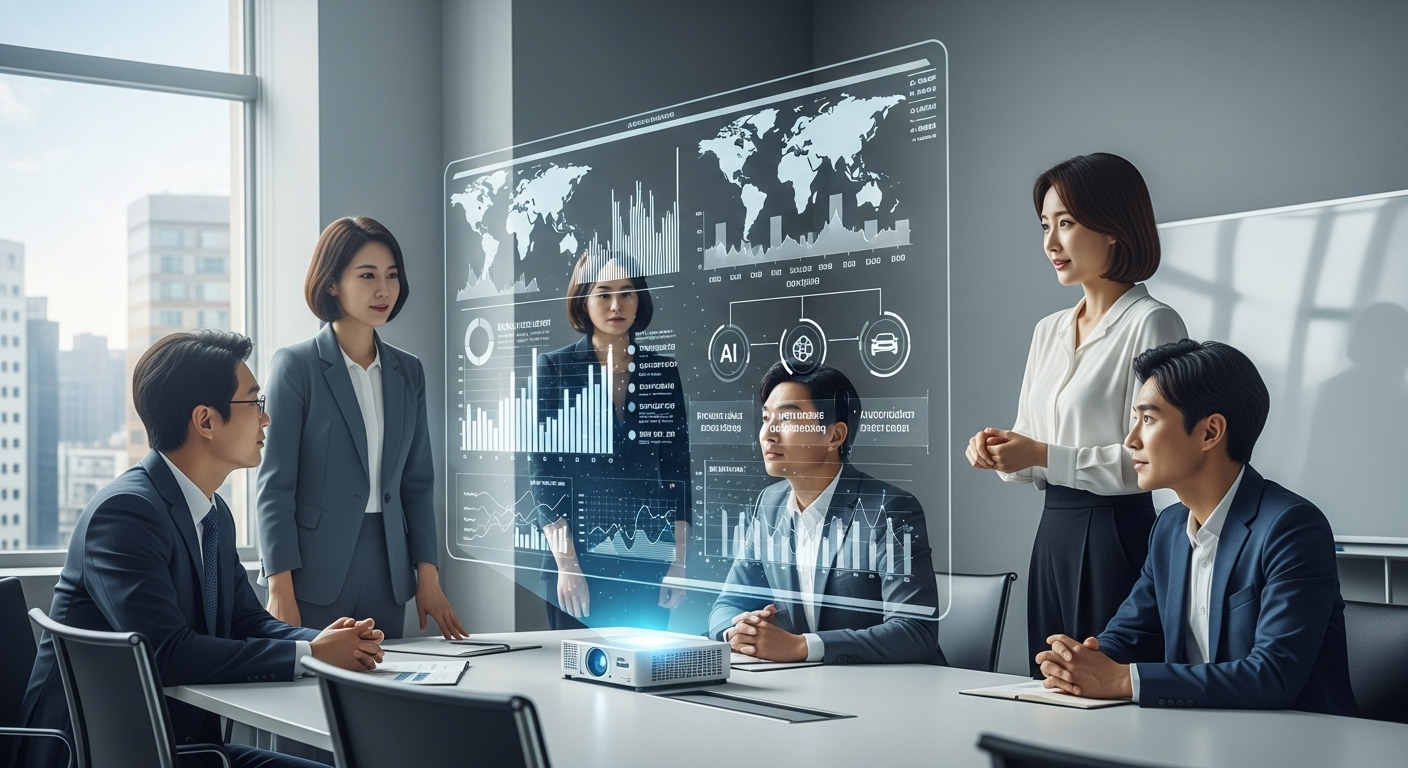 GM AI 전략의 시장 영향 및 미래 전망 - 한국 자동차 산업 리더들이 미래 AI 통합 로드맵을 논의하는 모습