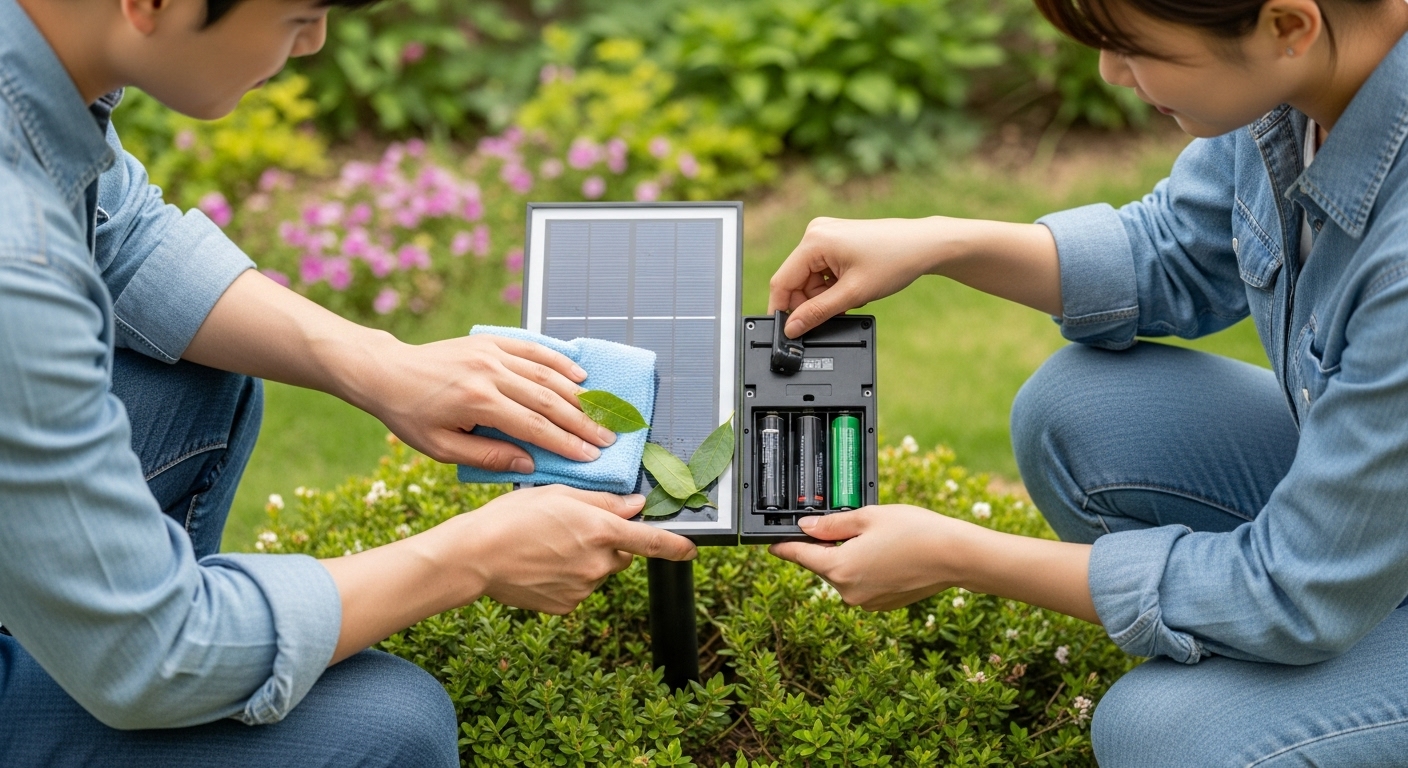 배터리 수명 연장을 위한 관리 방법 - 한 한국인이 정원등의 태양광 패널에 쌓인 먼지와 나뭇잎을 조심스럽게 닦아내고 있고, 다른 한 사람은 배터리 칸을 점검하며 배터리 수명 연장을 위한 유지 관리 활동을 하는 모습.