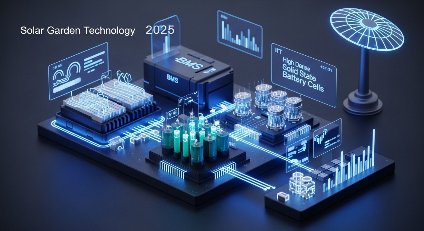 2025년 최신 배터리 기술 동향 및 혁신 - 태양광 정원등을 위한 첨단 배터리 기술을 보여주는 미래 지향적인 다이어그램. 스마트 배터리 관리 시스템(BMS), 고밀도 전고체 배터리 셀, 그리고 원격 모니터링 및 제어를 위한 IoT 연결이 빛나는 회로와 데이터 흐름으로 통합되어 있는 모습.