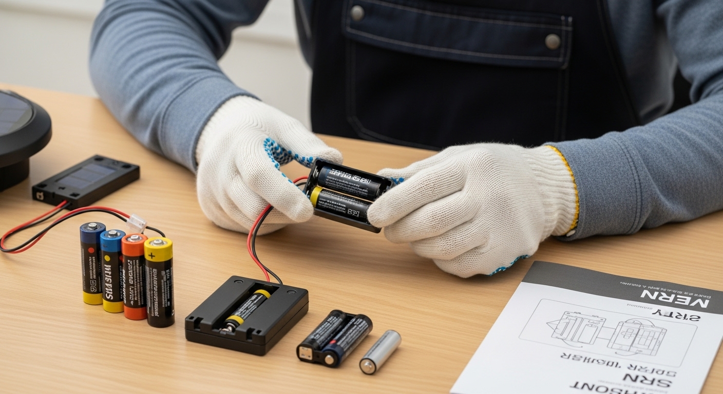 태양광 정원등 배터리 교체 및 구매 가이드 - 한 한국인이 정원등의 배터리를 새 배터리 팩으로 교체하는 모습을 보여주고 있다. 작업대에는 다양한 배터리 종류와 사용 설명서가 놓여 있고, 안전 장갑을 착용한 모습이다.