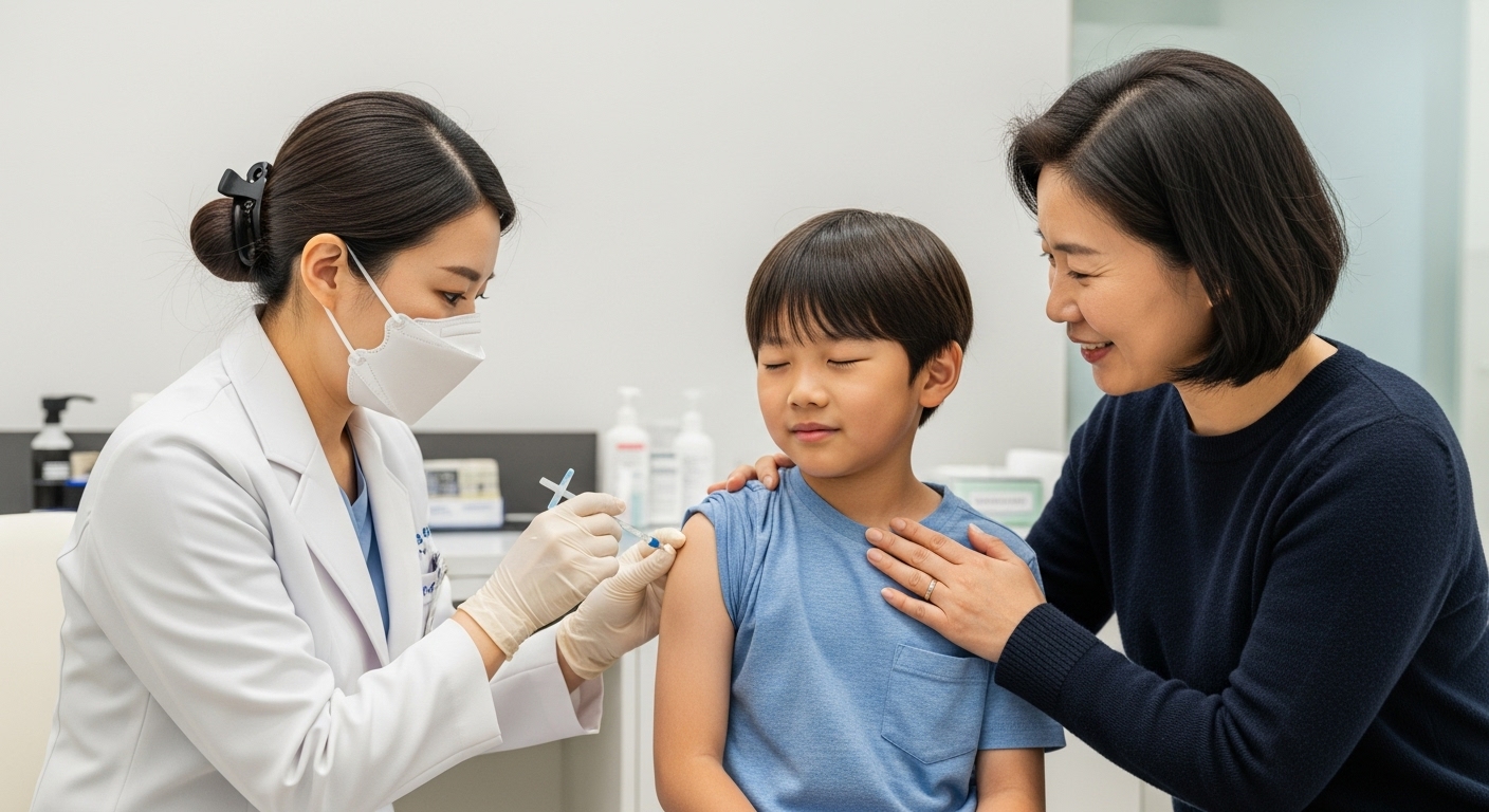 독감 백신, 최신 접종 가이드와 효과 - 한국인 의료진이 아이에게 독감 백신을 접종하는 모습