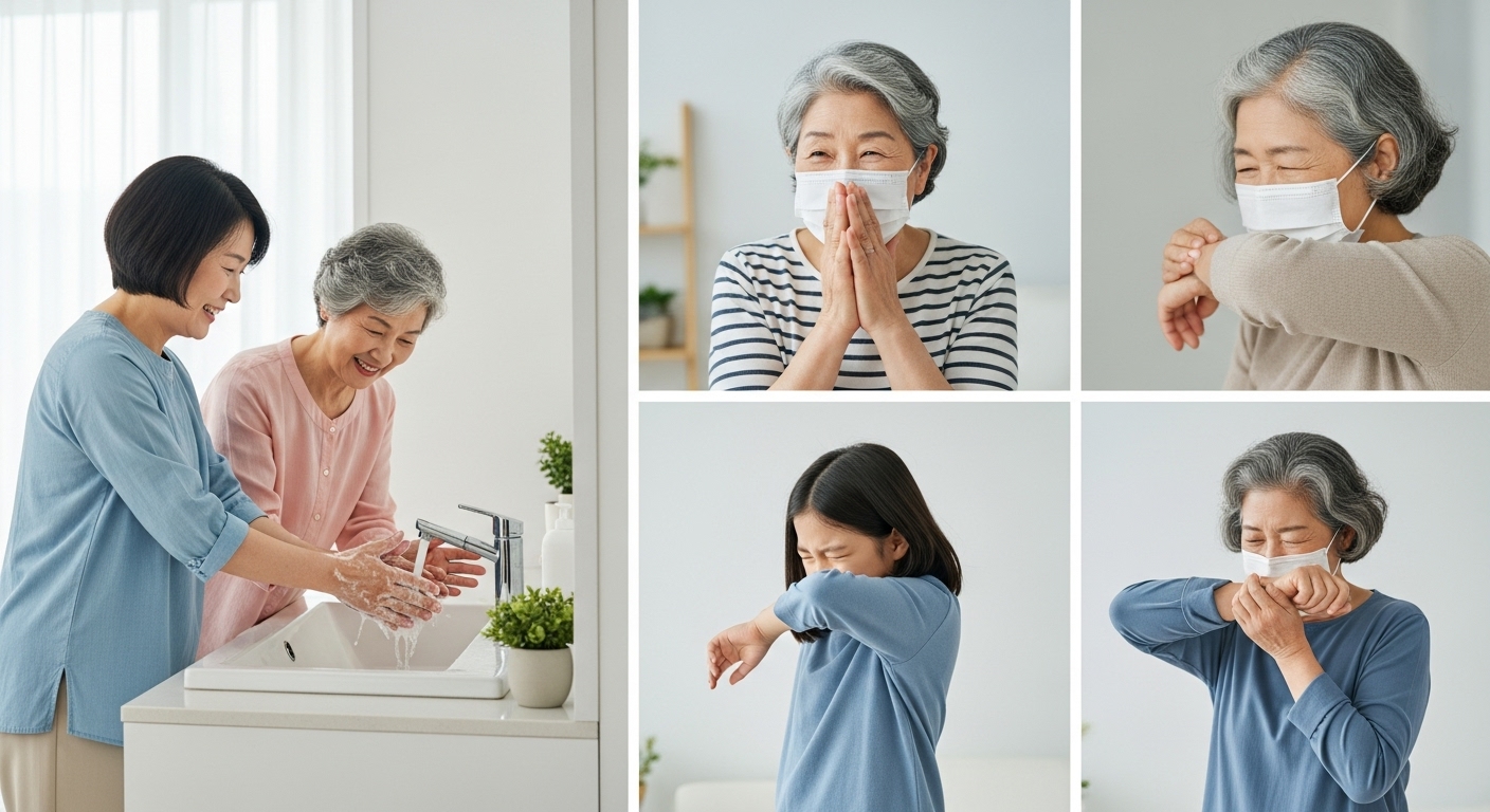 우리 가족을 위한 독감 예방 생활 수칙 - 손 씻기, 마스크 착용, 기침 예절 등 위생 수칙을 실천하는 한국인 가족의 모습