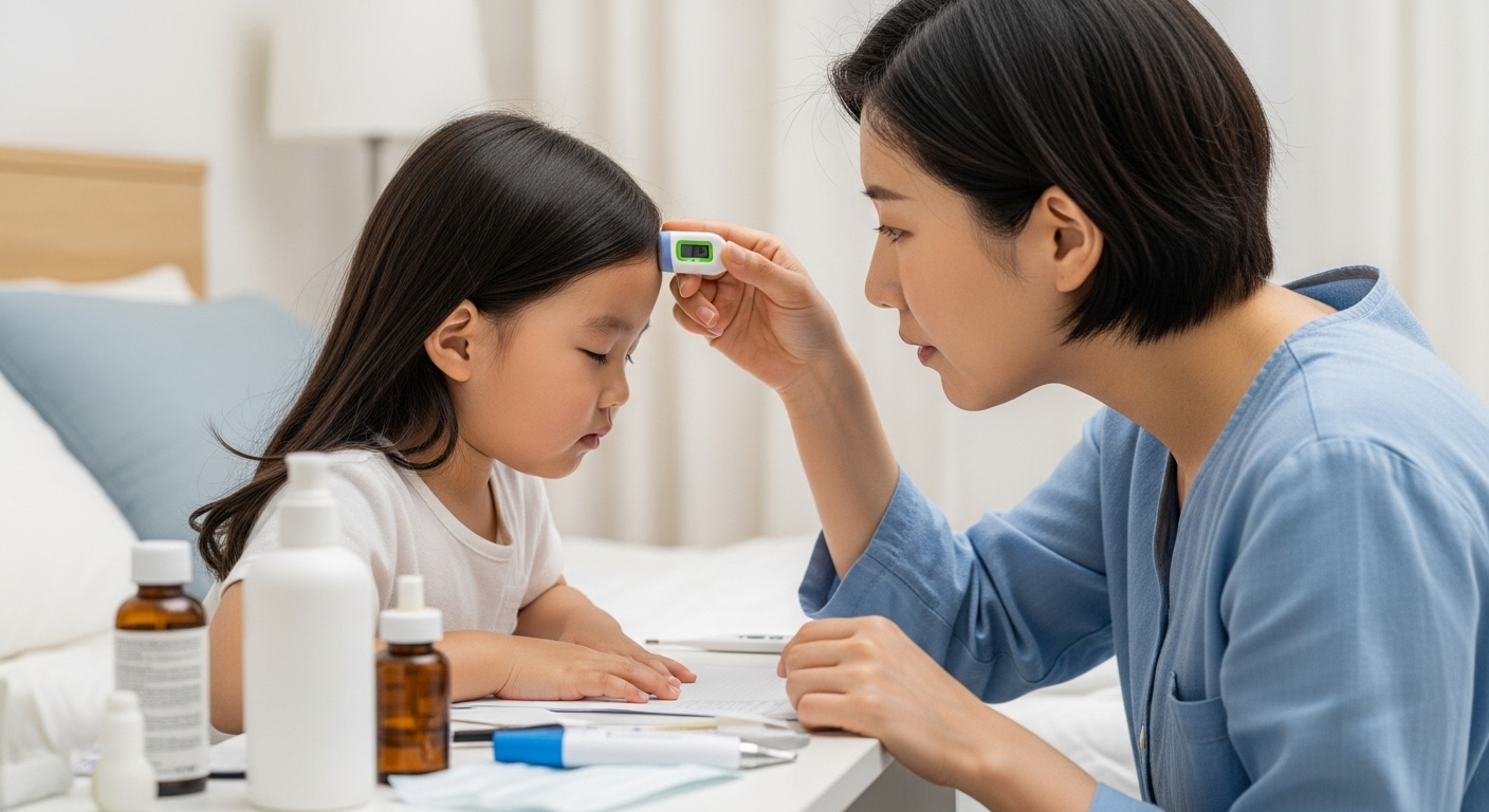 독감 의심 시 대처법 및 합병증 예방 - 열나는 아이의 이마를 짚으며 체온을 확인하는 한국인 부모의 모습