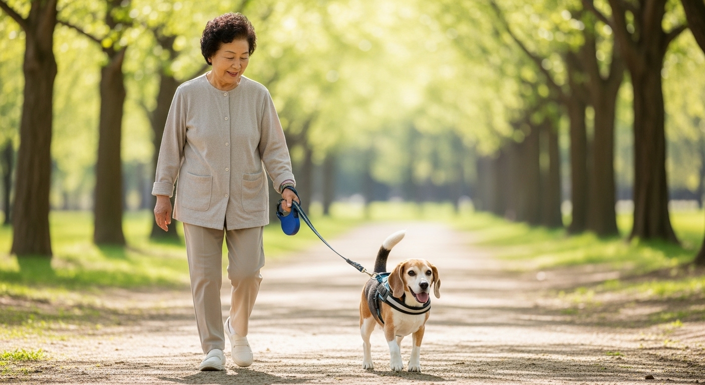 규칙적인 저강도 운동과 관절 건강 관리 - 나이 든 비글 강아지와 함께 산책하는 한국인 여성의 모습