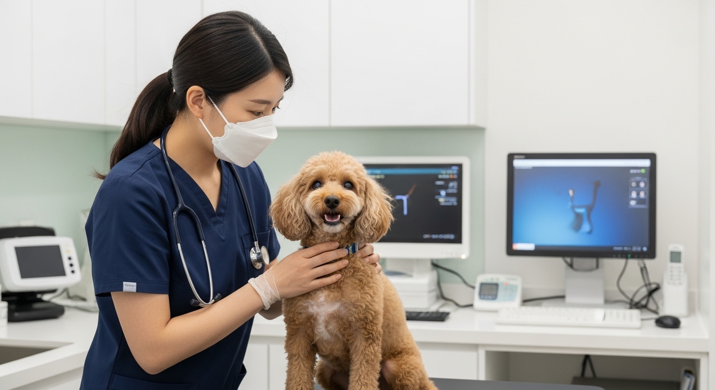 정기적인 건강 검진과 질병 예방을 위한 선제적 대응 - 수의사가 푸들 노견을 진찰하는 모습