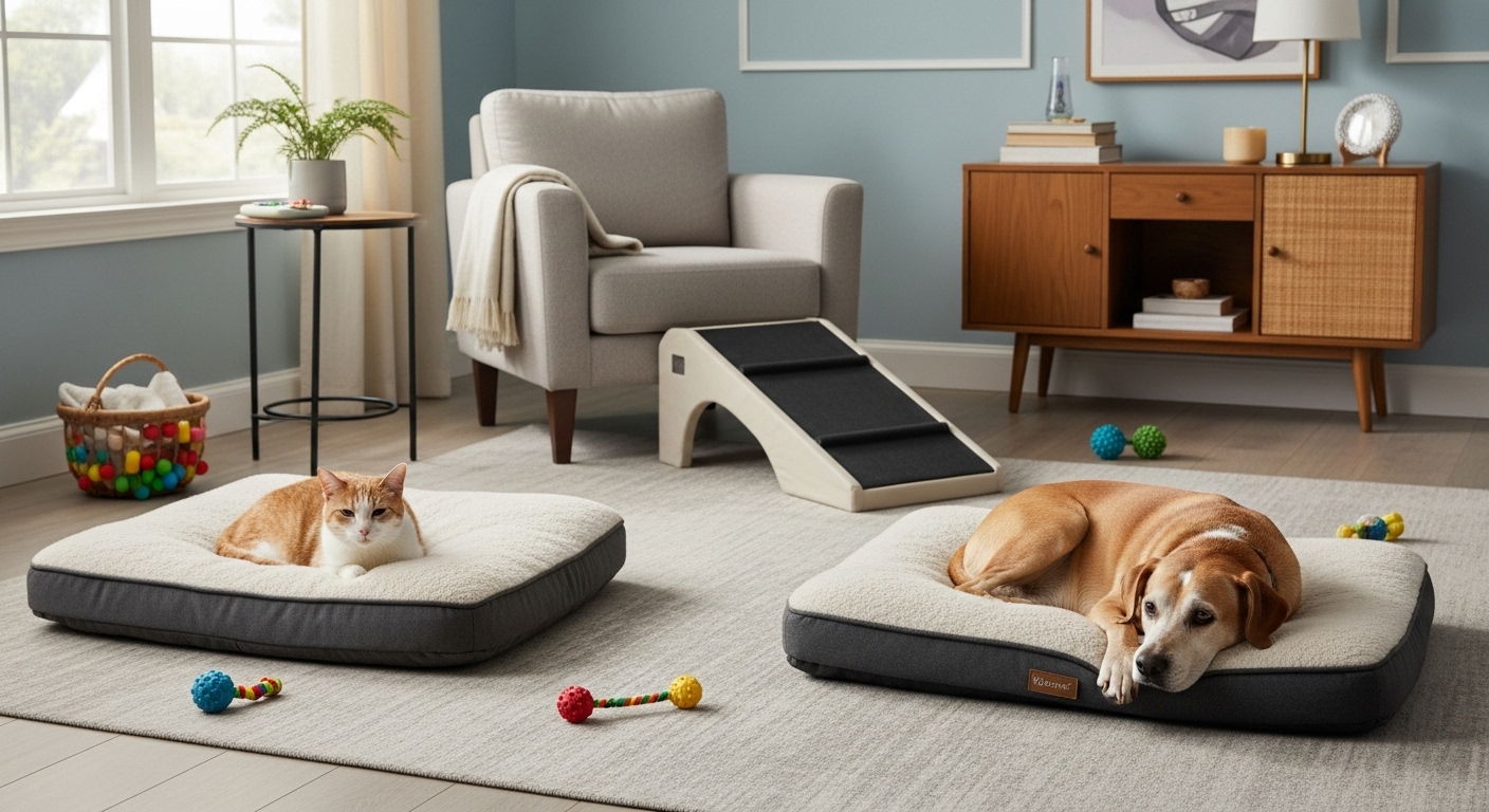 쾌적한 환경 조성과 심리적 안정 지원 - 편안한 애견 침대에서 쉬고 있는 노견과 노묘가 있는 아늑한 거실 풍경