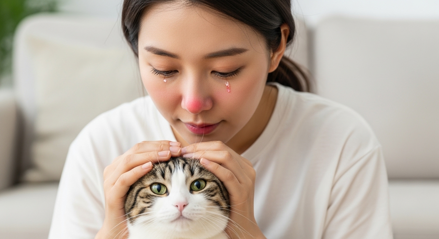 고양이 알레르기의 다양한 증상과 정확한 진단 방법 - 고양이를 쓰다듬다가 콧잔등이 붉어지고 눈가가 촉촉해지는 가벼운 알레르기 증상을 보이는 한국 여성의 모습.