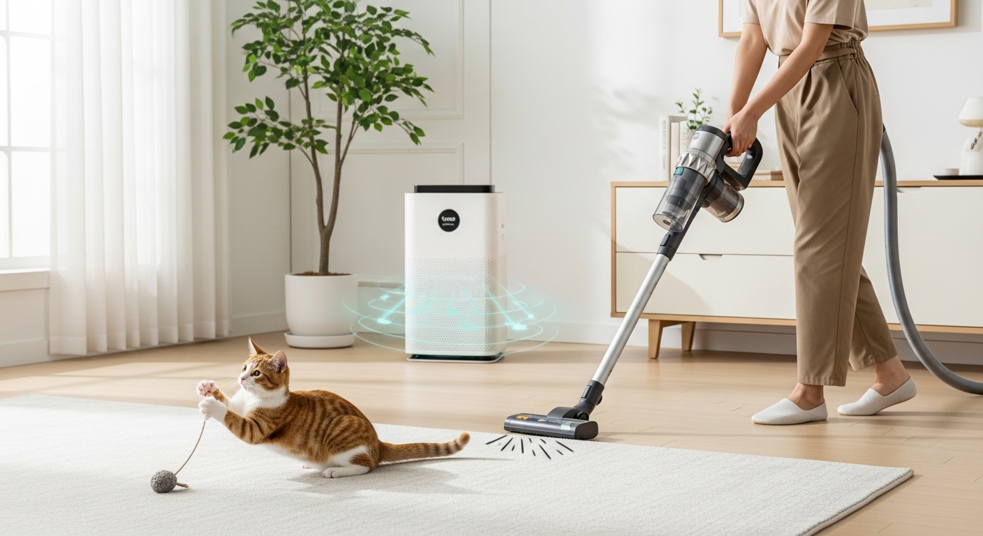 2025년 최신 Fel d1 저감 및 관리 전략 - 깨끗하고 현대적인 거실에서 고양이가 즐겁게 놀고 있으며, 공기청정기가 작동 중인 모습. 한국인이 반려동물용 청소기로 청소하는 모습으로 알레르기 관리에 적극적인 태도를 보여준다.