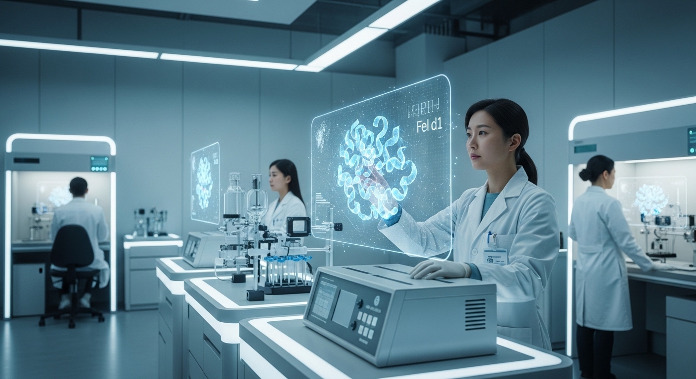 고양이 알레르기, 미래의 연구 동향과 희망적인 전망 - 과학자들이 첨단 생명공학 장비로 유전자 연구 또는 백신 개발에 몰두하고 있는 미래 지향적인 실험실 풍경. 홀로그램으로 Fel d1 단백질이 투영되어 있다.