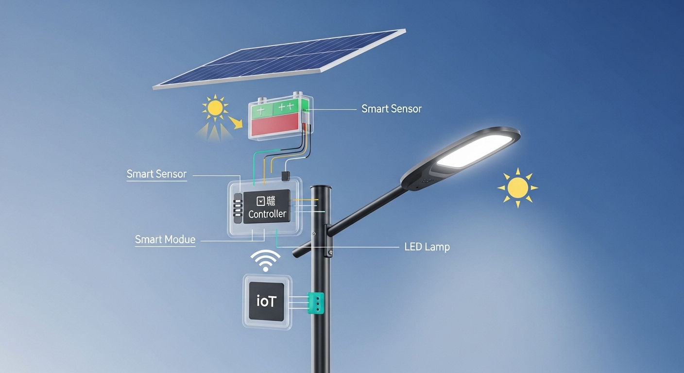 핵심 기술과 작동 원리: 효율성을 넘어 스마트함으로 - 태양광 패널, 배터리, LED 램프, 스마트 센서, IoT 모듈 등 태양광 가로등의 핵심 기술과 작동 원리를 상세하게 보여주는 다이어그램
